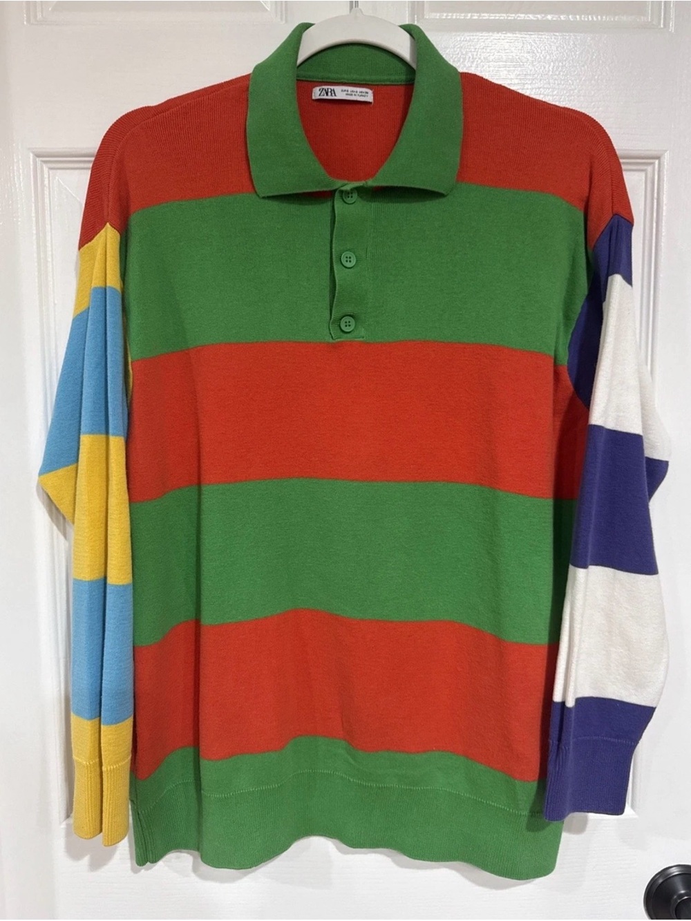 Zara Men's Small Long Sleeve Rugby Sweater Multicolor Striped Preppy